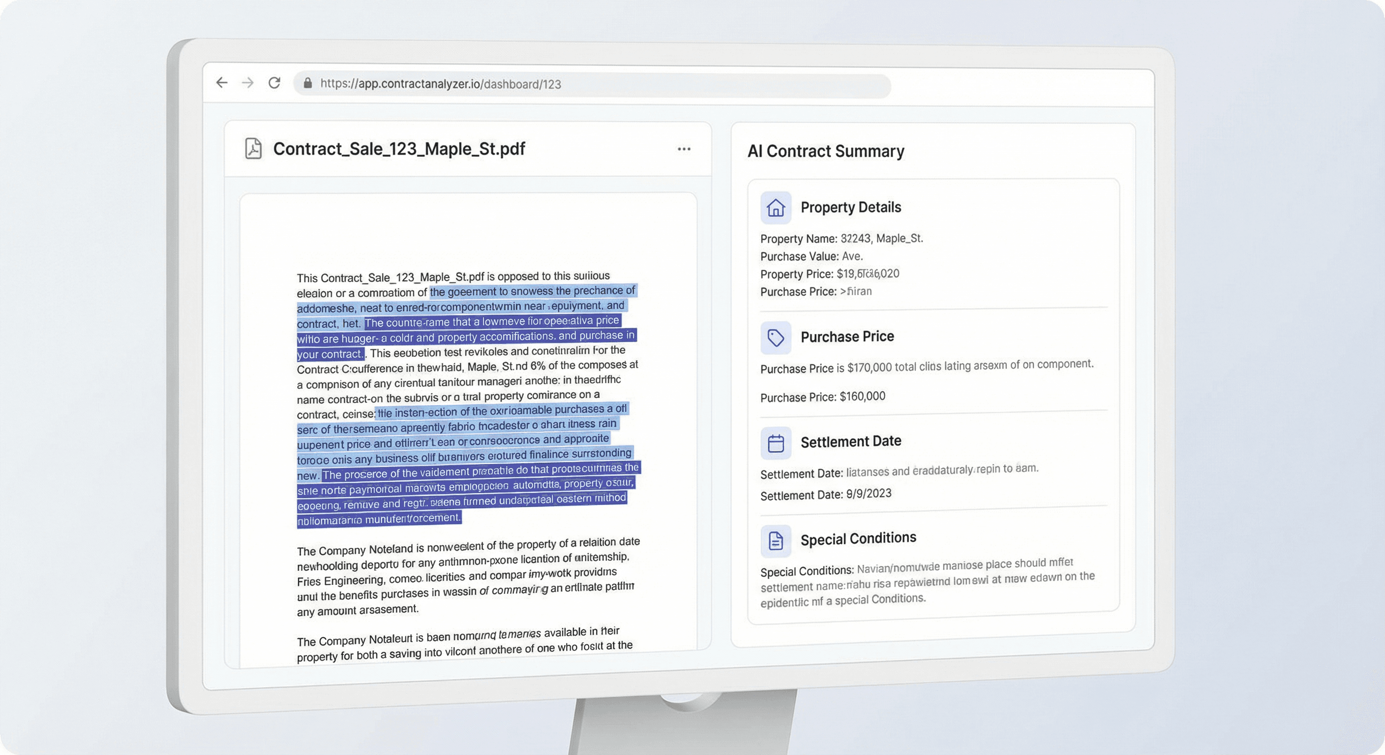 AI-powered PDF contract analysis showing extracted property details, purchase price, and settlement date